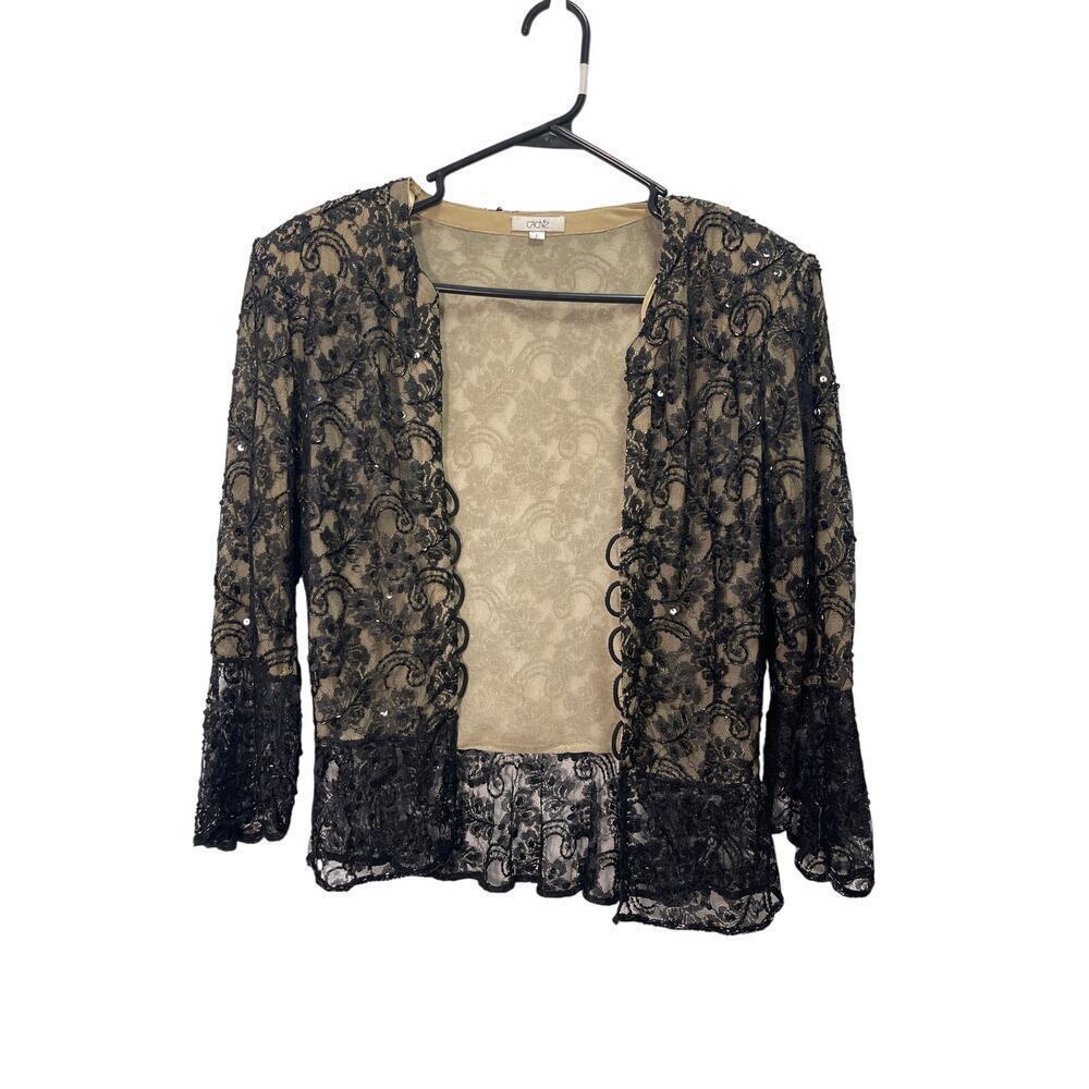 Vintage Cache Sequin Lace Black V Neck Scalloped Sleeve Evening Blouse Women's L